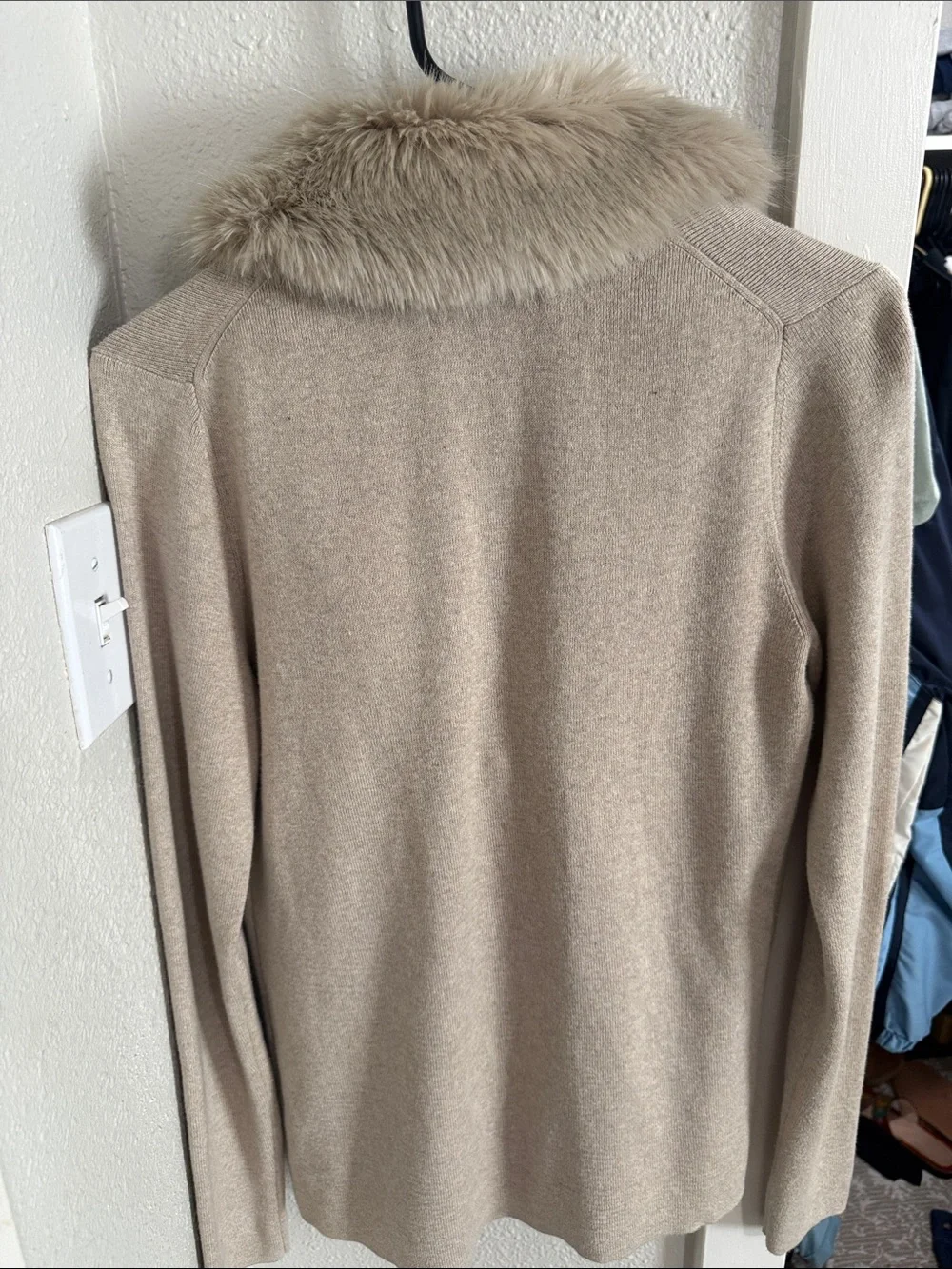 Faux-Fur Trim Taupe Button-Front Cardigan Sweater cotton cashmere blend